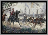 Obraz, Mort Kunstler, Konie, Statek, Żołnierze, Wojna secesyjna