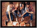 Pizza, Młodzież, Dziewczyny, Mężczyźni, Przyjaciele, Radość