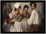 Malarstwo, Obraz, Carl Bloch, Restauracja, Dwie, Kobiety, Mężczyźni, Kot, Stolik, Jedzenie