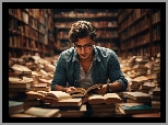 Mężczyzna, Czytający, Książki, Biblioteka, 2D