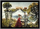 Fantasy, Kobieta, Mężczyzna, Drzewa, Most, Chmury
