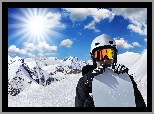 Mężczyzna, Góry, Snowboarding, Sport, Promienie słońca, Chmury, Zima
