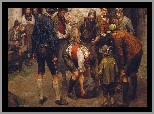 Malarstwo, Obraz, Franz von Defregger, Mężczyźni, Zawody, Podnoszenie, Kamienia