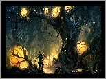 Fantasy, Las, Korzenie, Drzew, Chłopak, Lampion, Światła