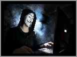Mężczyzna, Anonymous, Maska, Laptop, Światło