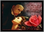 róża, Phantom Of The Opera, Gerard Butler, Emmy Rossum, maska, napis