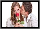 Para, Kobieta, Mężczyzna, Czerwona, Róża, Pocałunek