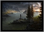 Skyrim, Góry, Morze, Drzewa, Rycerz