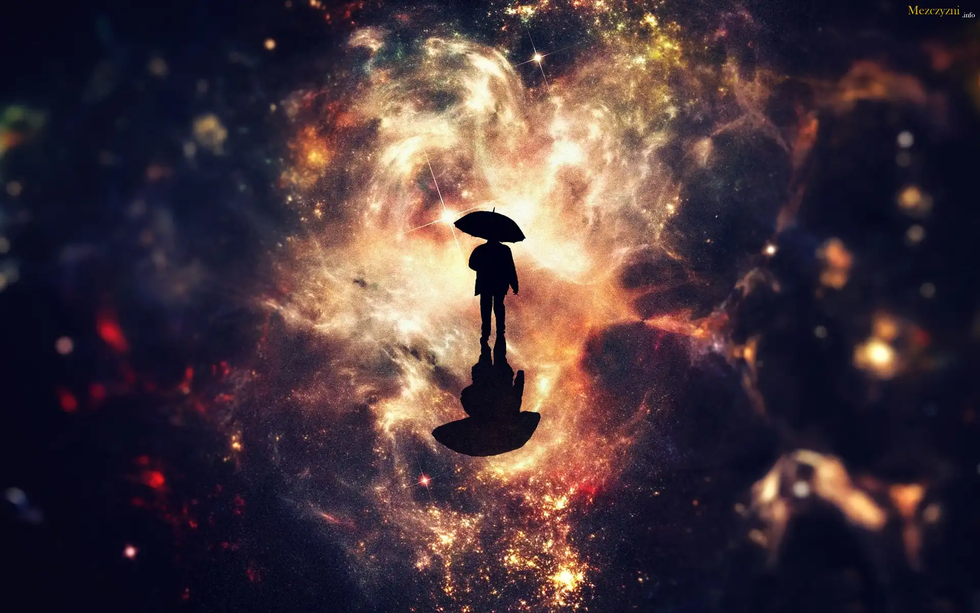 Fantasy, Kosmos, Galaktyki, Mężczyzna, Parasol, Odbicie