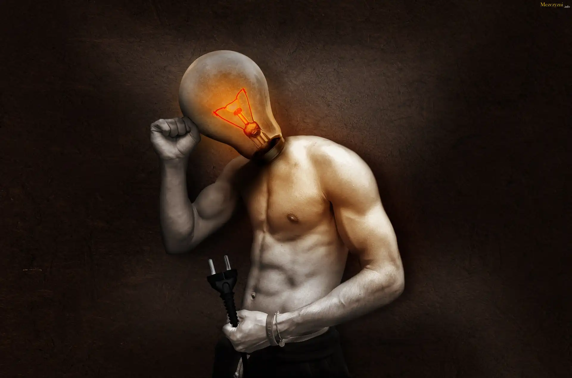 Mężczyzna, Żarówka, Kabel, Grafika, Fotomontaż