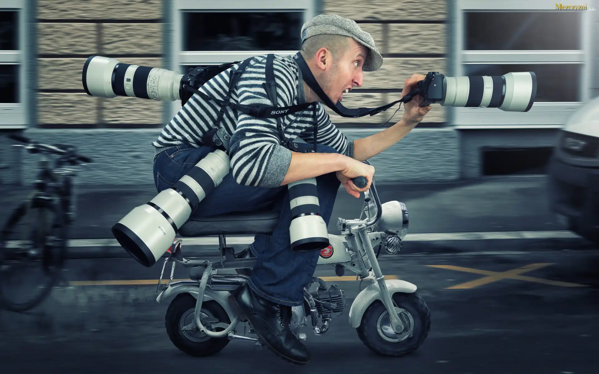 Śmieszne, Mężczyzna, Fotograf, Paparazzi, Motorower